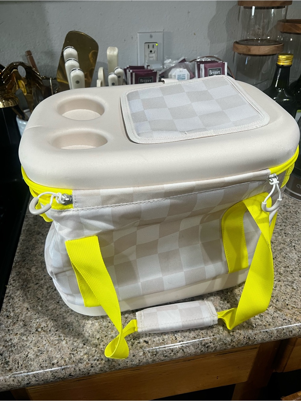 Target Neutral Checkered Cooler Tote with Neon Yellow Straps